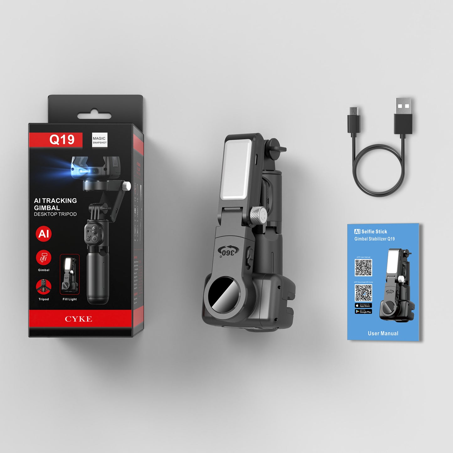 Stabilisateur de téléphone Q19 Cyke avec suivi du visage par IA, nacelle stabilisée portable 360° éclairage