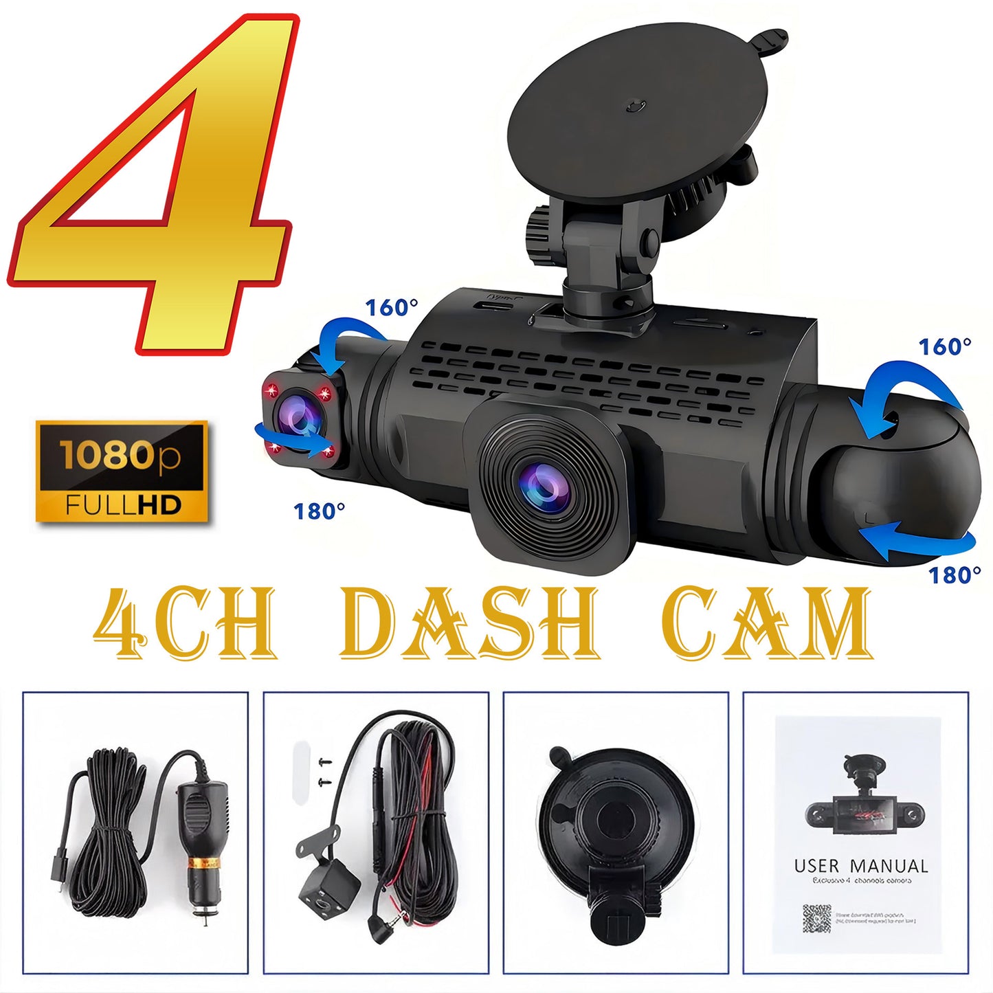 Caméra embarquée 4 canaux FHD 1080p avec vision nocturne avant, gauche, droite et arrière