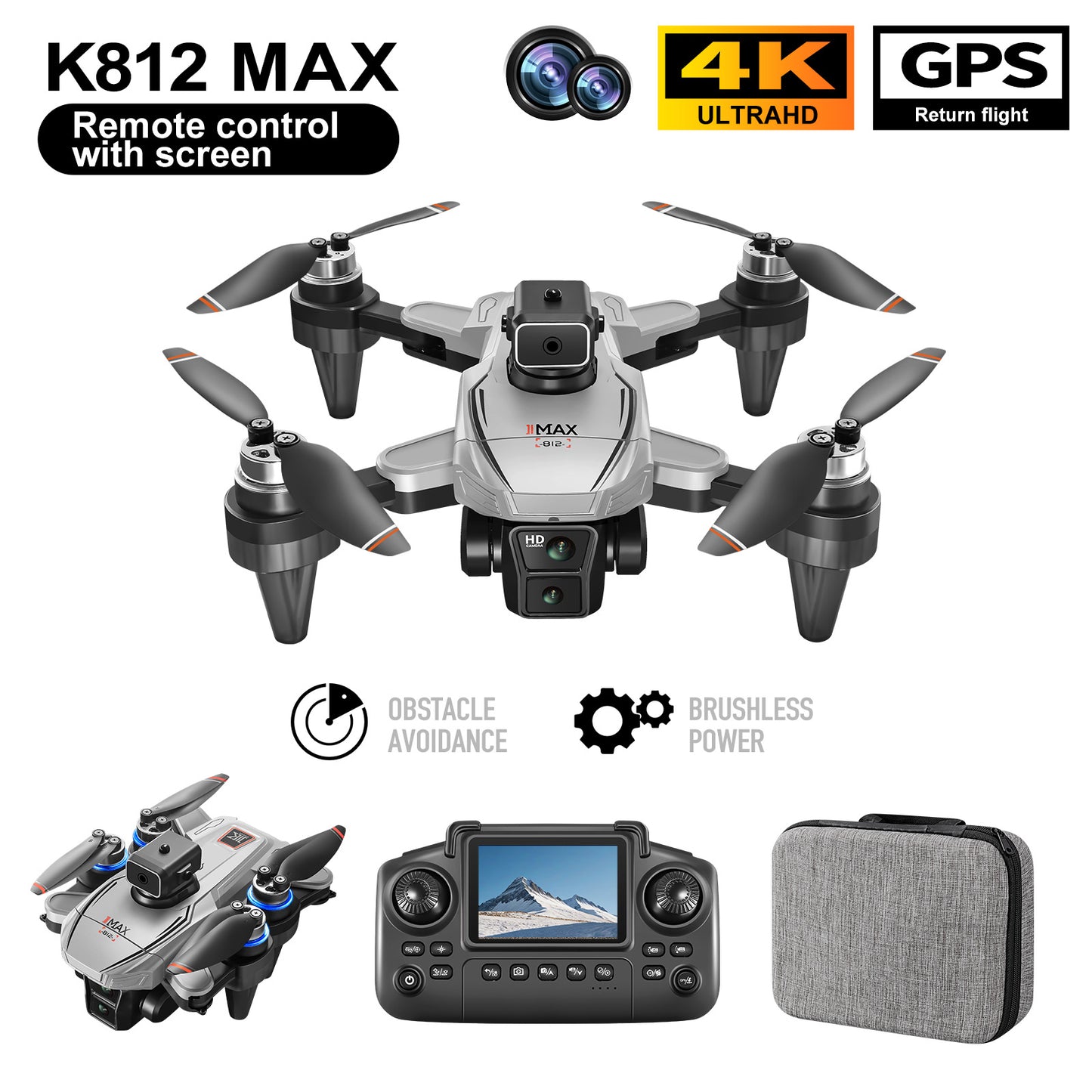 Drone quadricoptère K812 Max photo HD 4K Fonctions de retour GPS