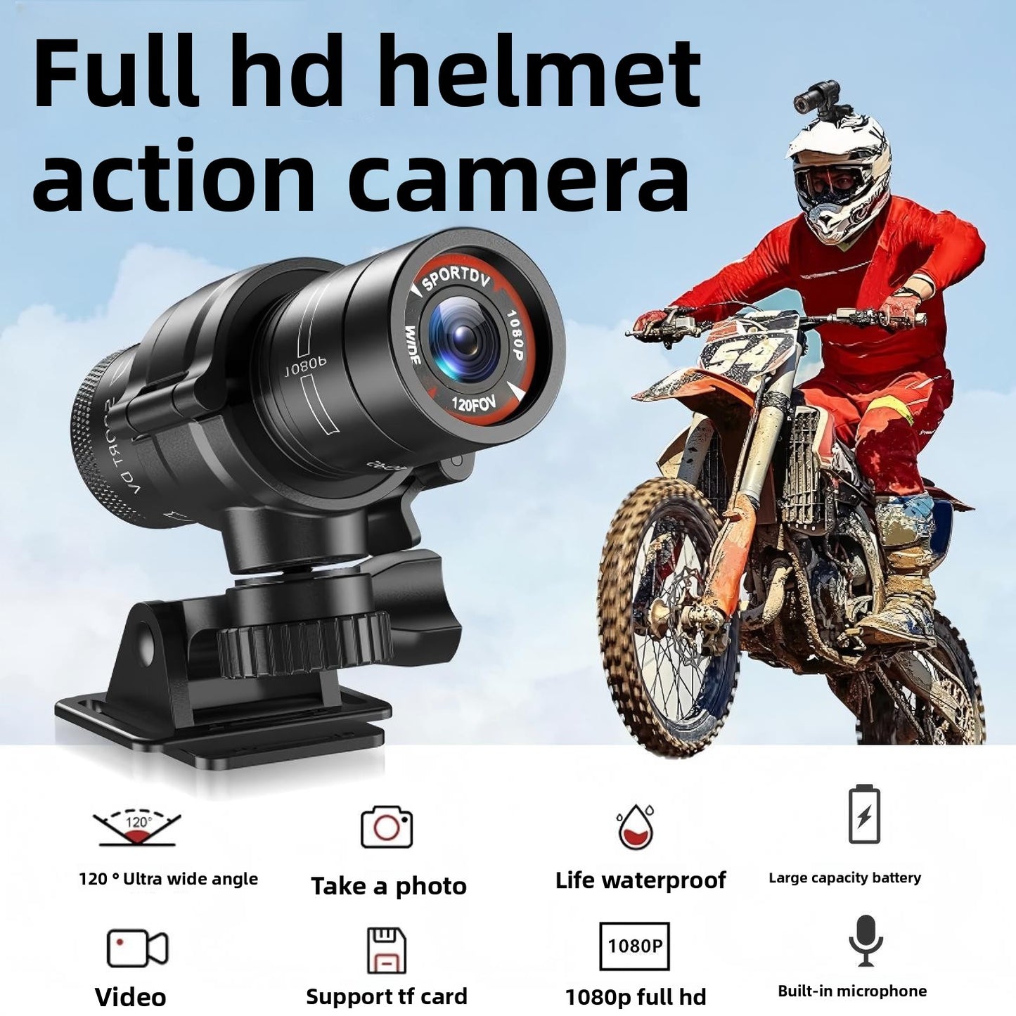 Caméra de sport imperméable 5H full HD casque guidon moto cyclisme