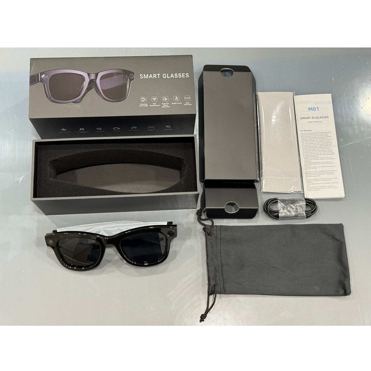 Lunettes vidéo intelligentes, coloris noir/gris, caméra HD 500 W, reconnaissance d'objets, traduction IA, confortables à porter.