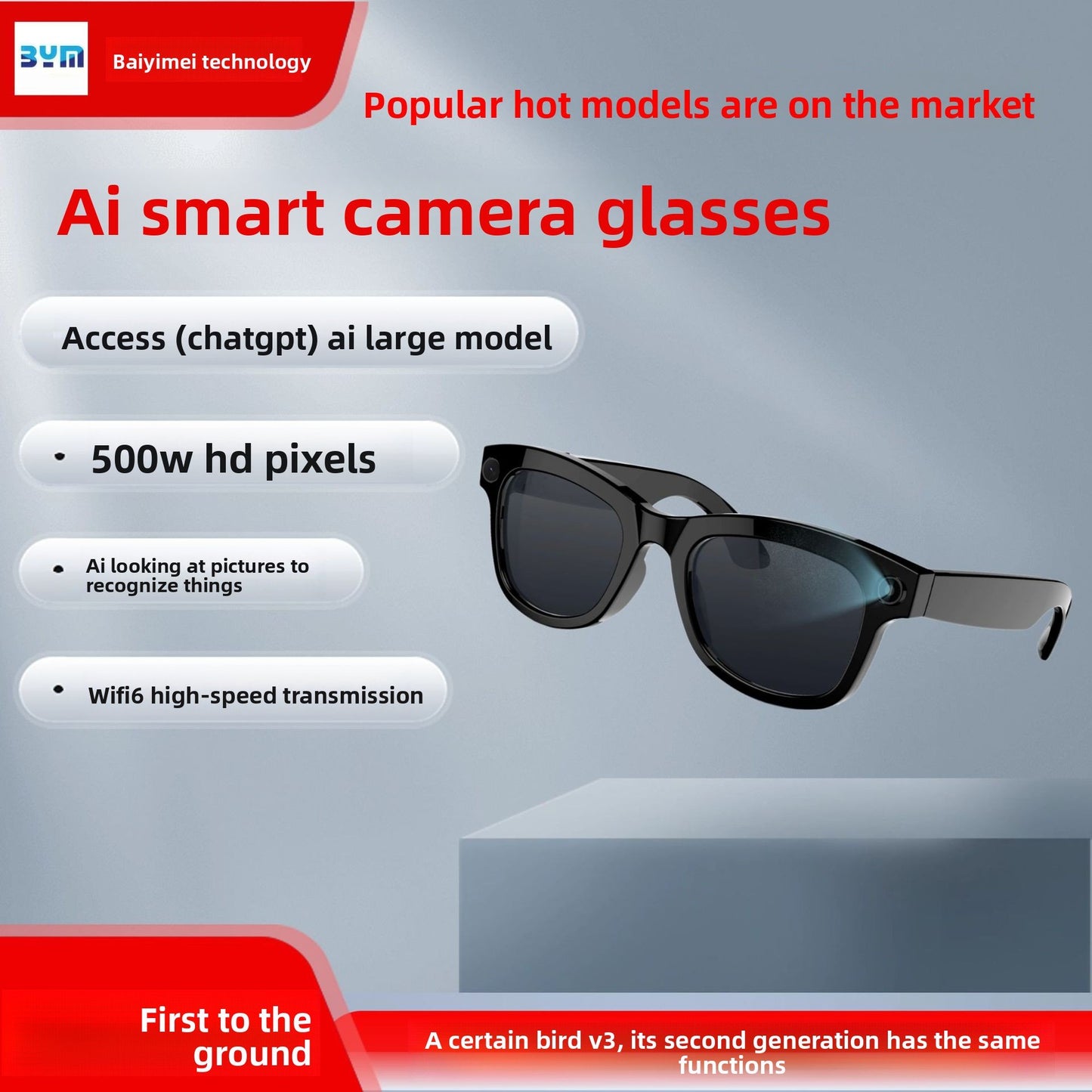 Lunettes vidéo intelligentes, coloris noir/gris, caméra HD 500 W, reconnaissance d'objets, traduction IA, confortables à porter.