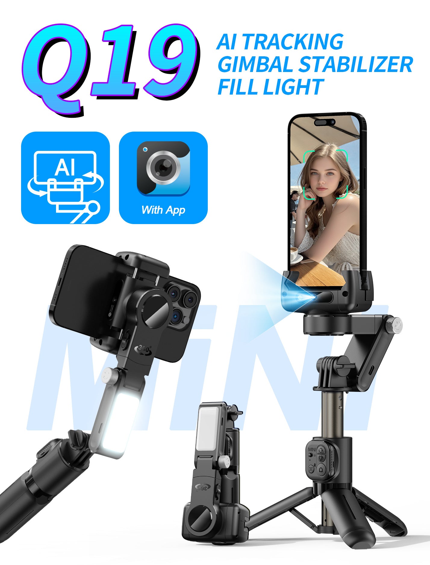 Stabilisateur de téléphone Q19 Cyke avec suivi du visage par IA, nacelle stabilisée portable 360° éclairage