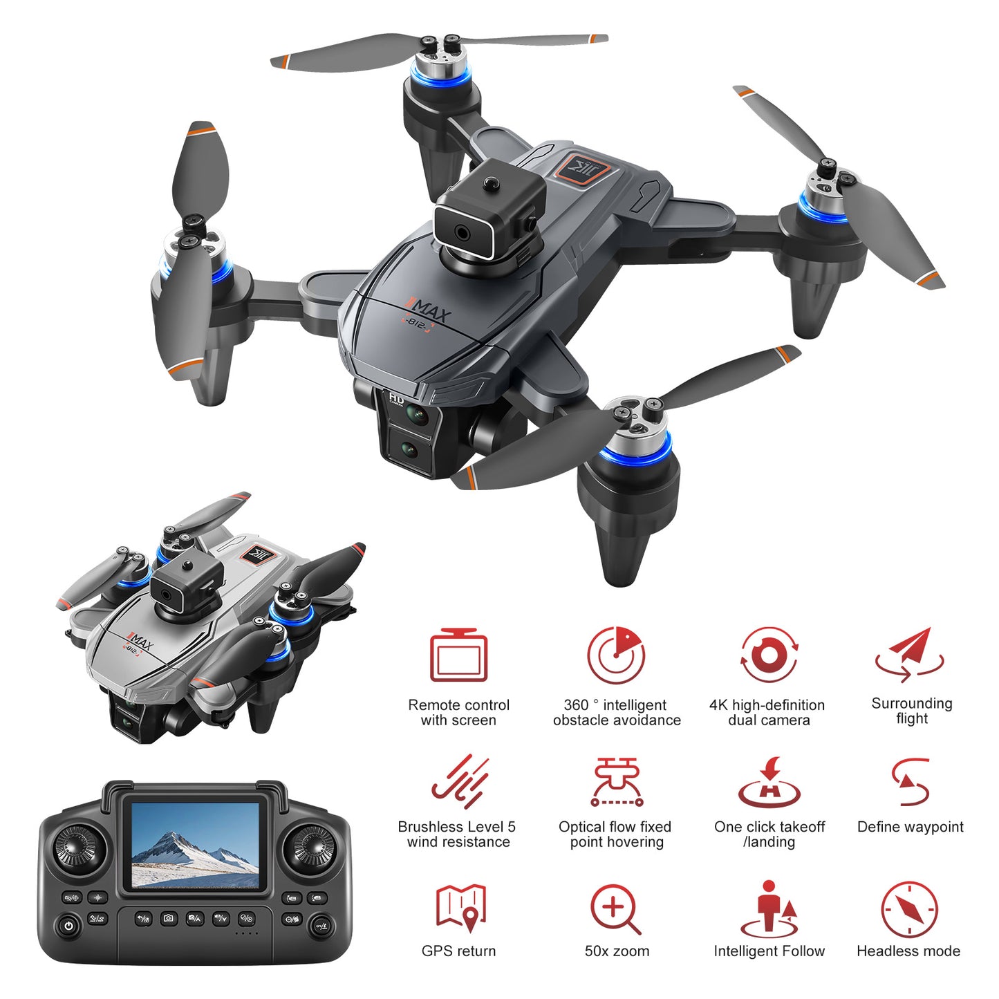 Drone quadricoptère K812 Max photo HD 4K Fonctions de retour GPS