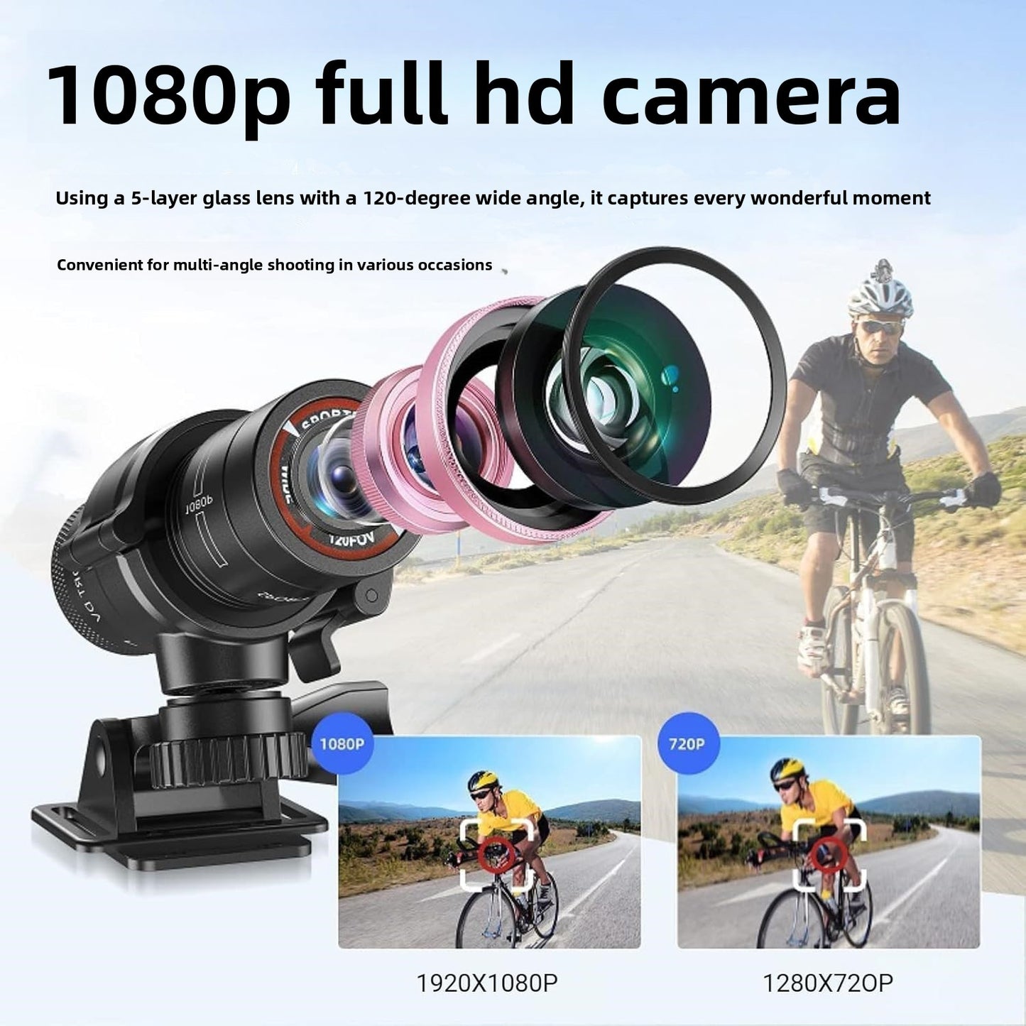 Caméra de sport imperméable 5H full HD casque guidon moto cyclisme