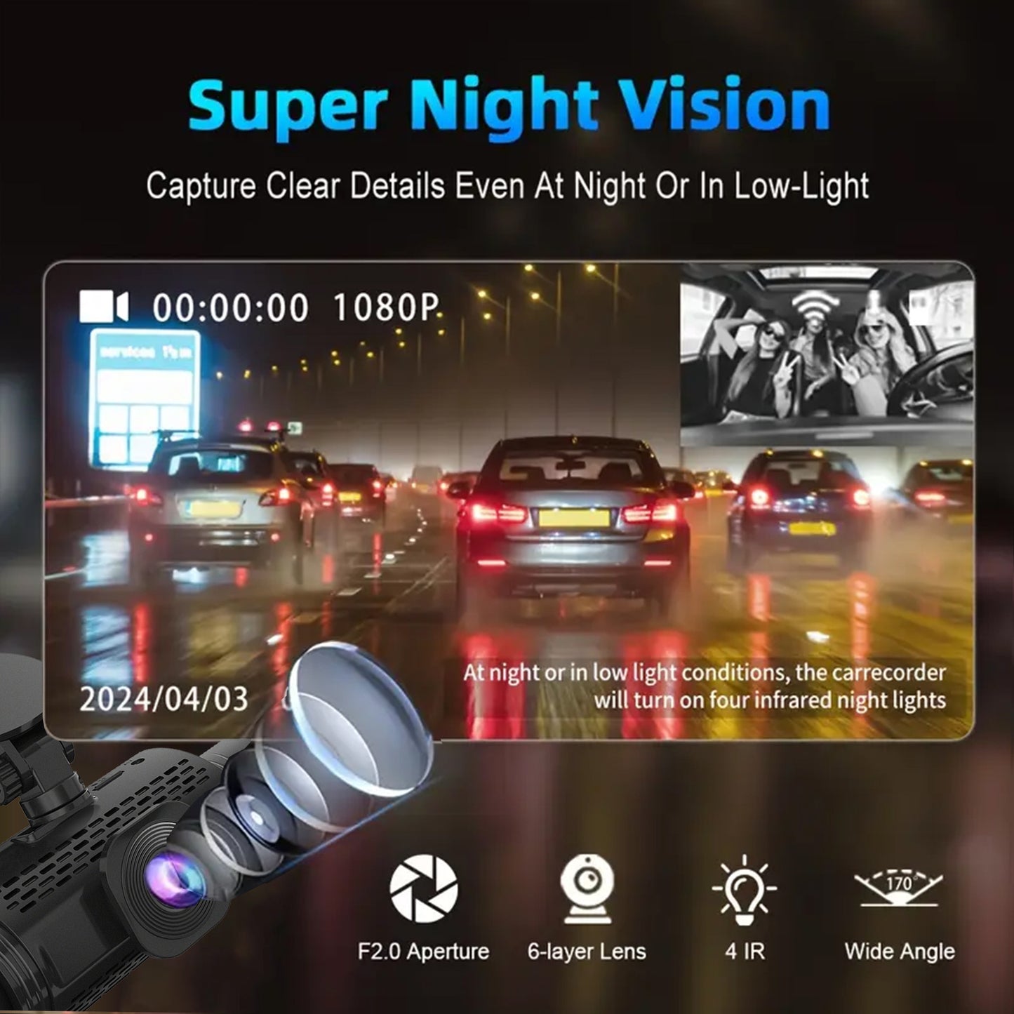 Caméra embarquée 4 canaux FHD 1080p avec vision nocturne avant, gauche, droite et arrière