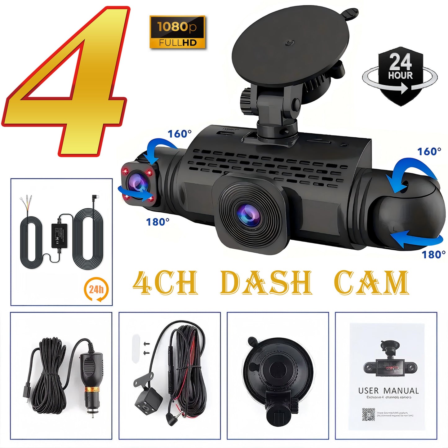 Caméra embarquée 4 canaux FHD 1080p avec vision nocturne avant, gauche, droite et arrière