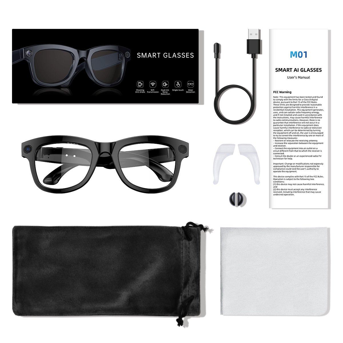 Lunettes vidéo intelligentes, coloris noir/gris, caméra HD 500 W, reconnaissance d'objets, traduction IA, confortables à porter.